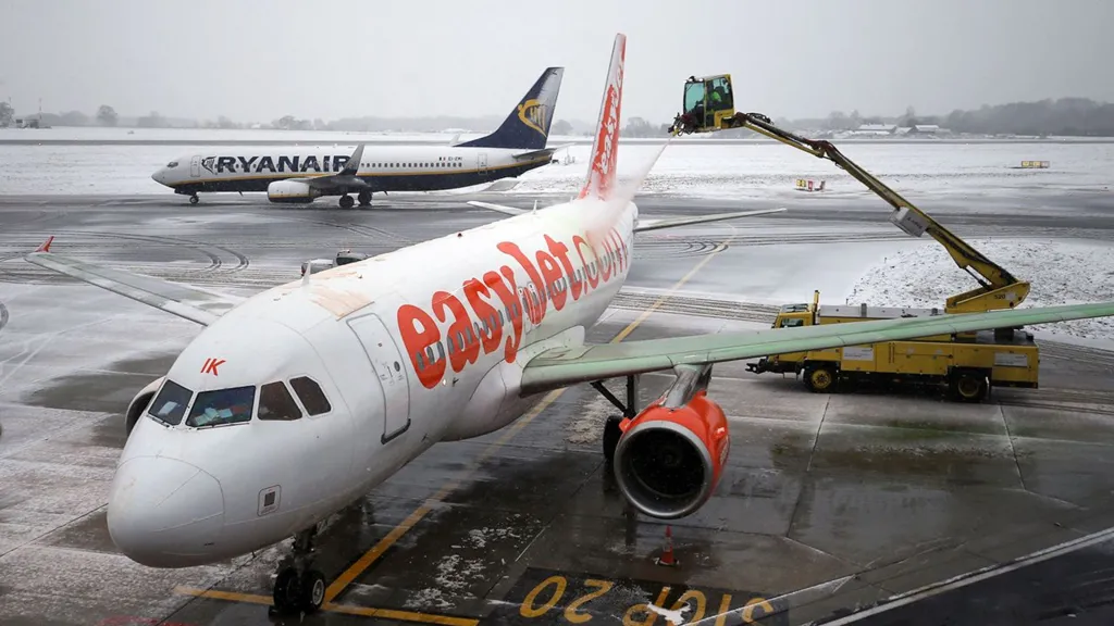 Busy airport terminal in Britain during bad weather, highlighting the flight delays and chaos caused by stormy conditions.