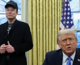 Former President Donald Trump at a podium with a gavel and legal documents in the background, symbolizing the halted buyout program and legal developments