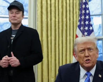 Former President Donald Trump at a podium with a gavel and legal documents in the background, symbolizing the halted buyout program and legal developments